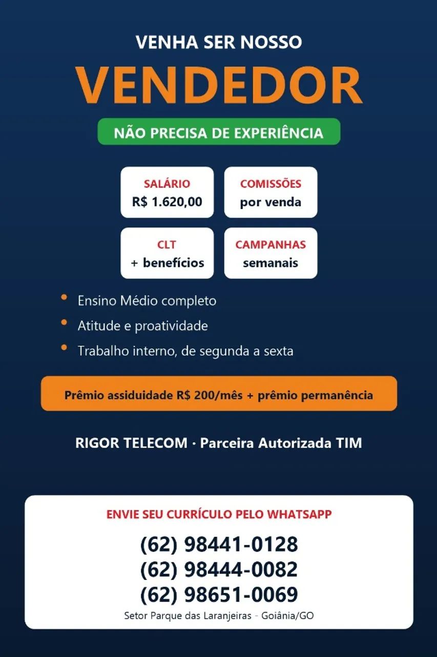 Vendedor interno CLT - sem experiência - salário R$ 1.620 + comissões