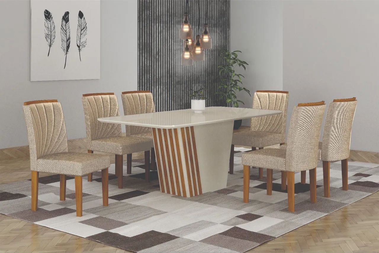 Mesa de jantar liz 6 cadeiras com tampo de vidro lackeado cantos boleados em Promoção!
