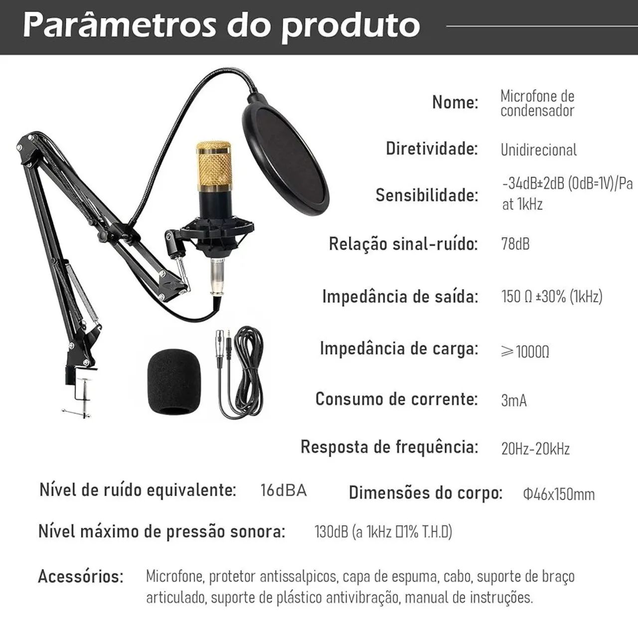 Microfone condensador Kit condensador com braço articulado e Pop Filter para transmissão - Foto 4