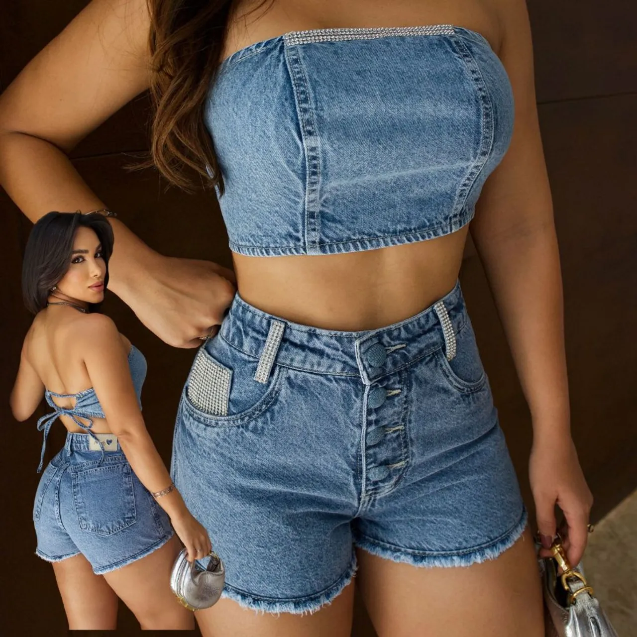 Conjunto Jeans com Detalhes em Strass - Arrase no Verão!
