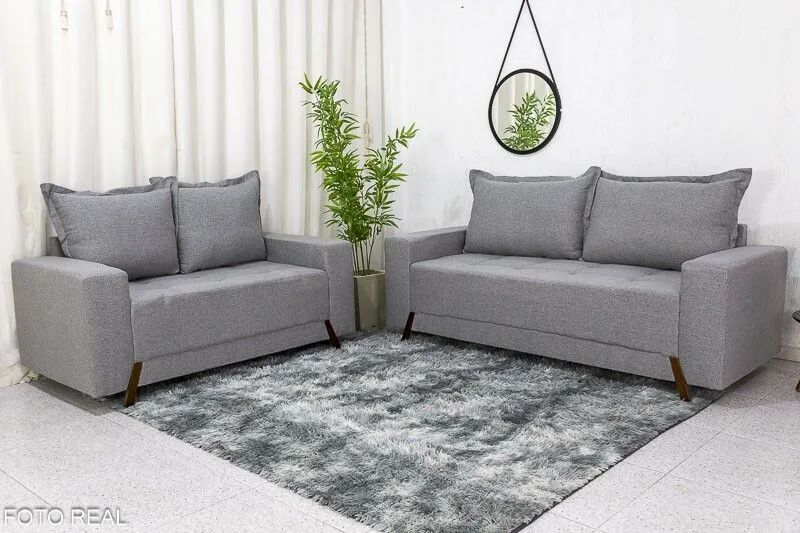 Conjunto Sofás 2 e 3 Lugares Linho Cinza Molas Bonnel D28 