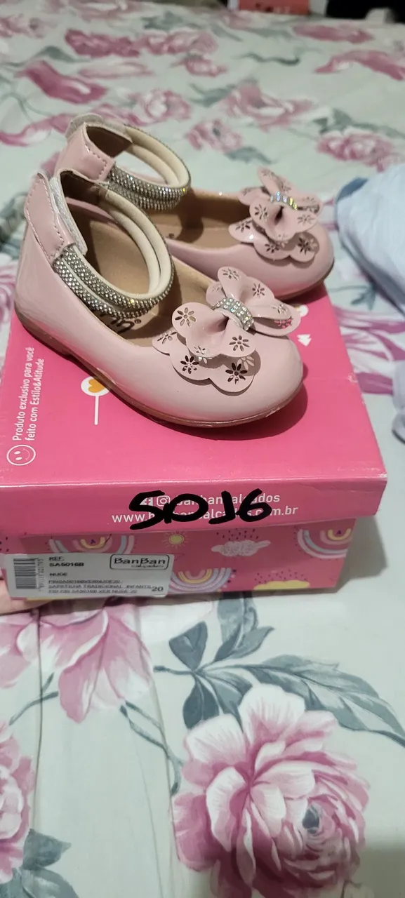 Sapatilhas infantis rosa com laço - BanBan - Tamanho 20