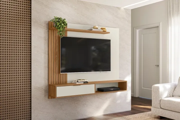 Painel de televisão até 65 Plg - Marrom/Branco-prateleira-Entrega gratis