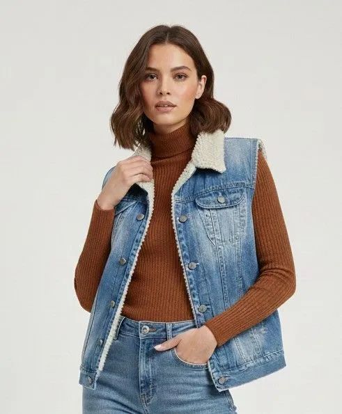 Colete Jeans com Forro Pelúcia Novo