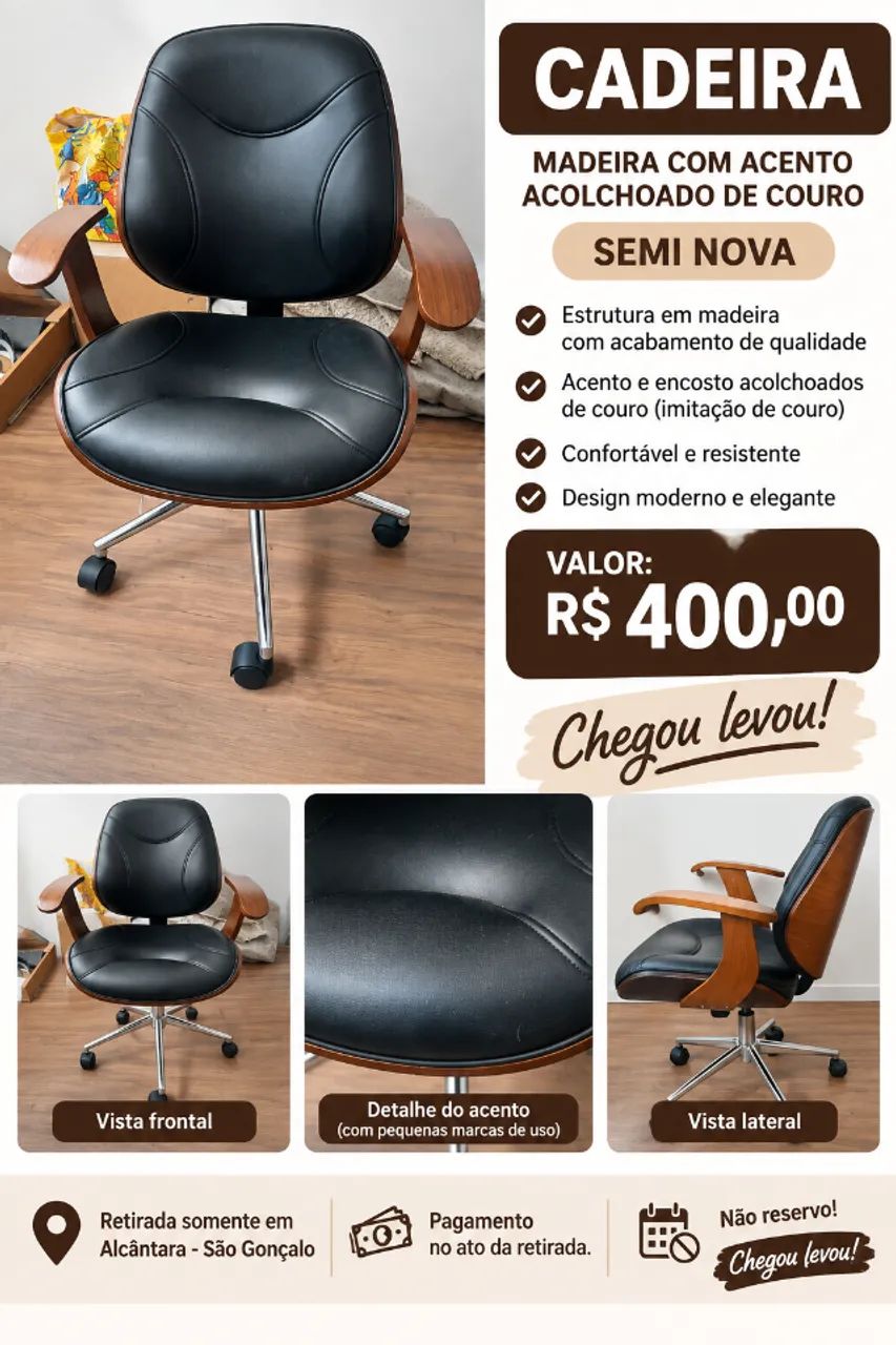 Cadeira escritório madeira com acento de couro.  - Foto 3