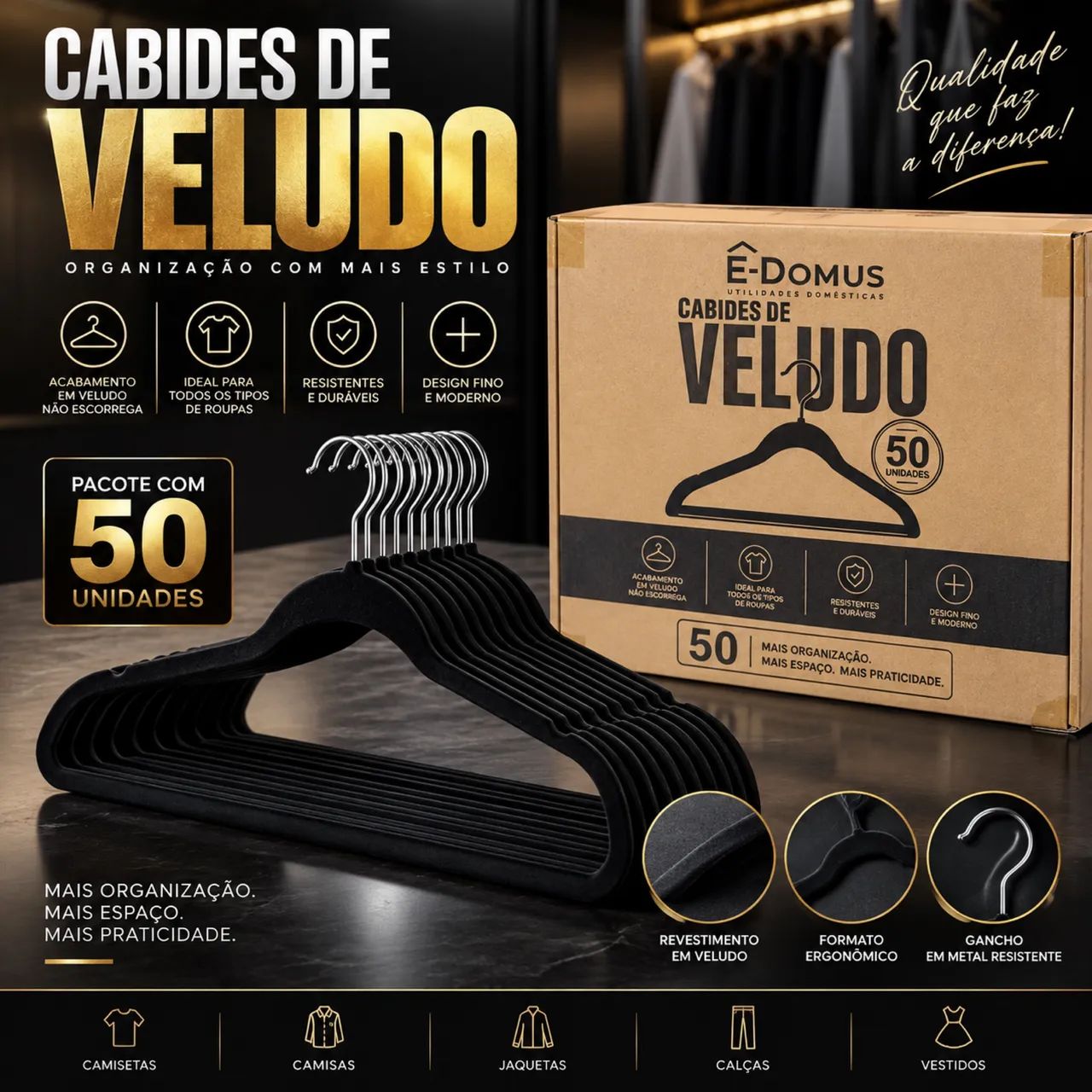 Cabide de veludo 50 unidades 