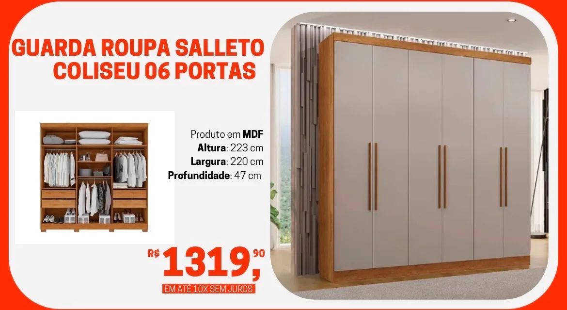 Guarda-Roupa Salleto Coliseu - 06 Portas - MDF - Novo!