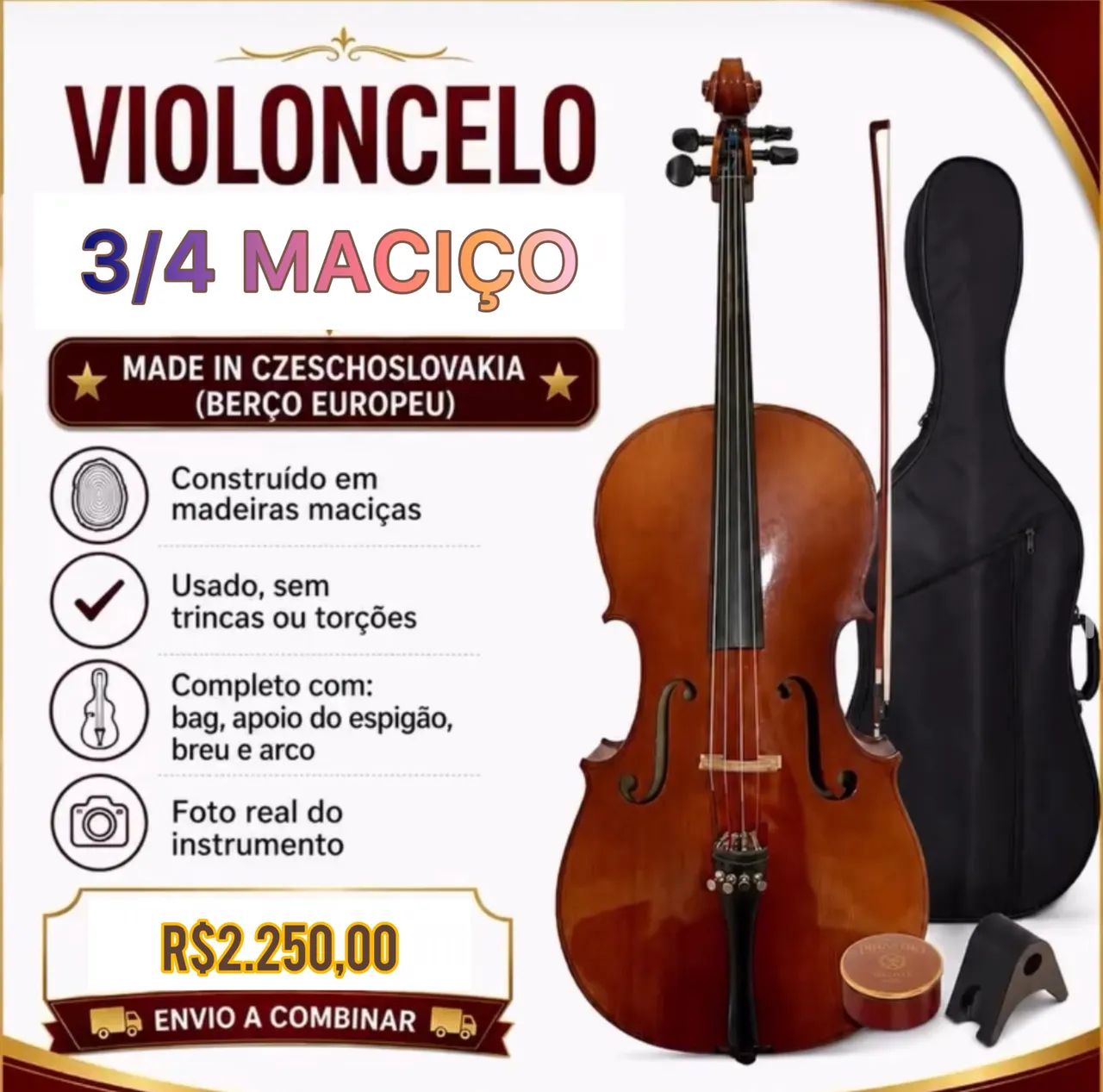 Violoncelo 3/4 madeira maciça 