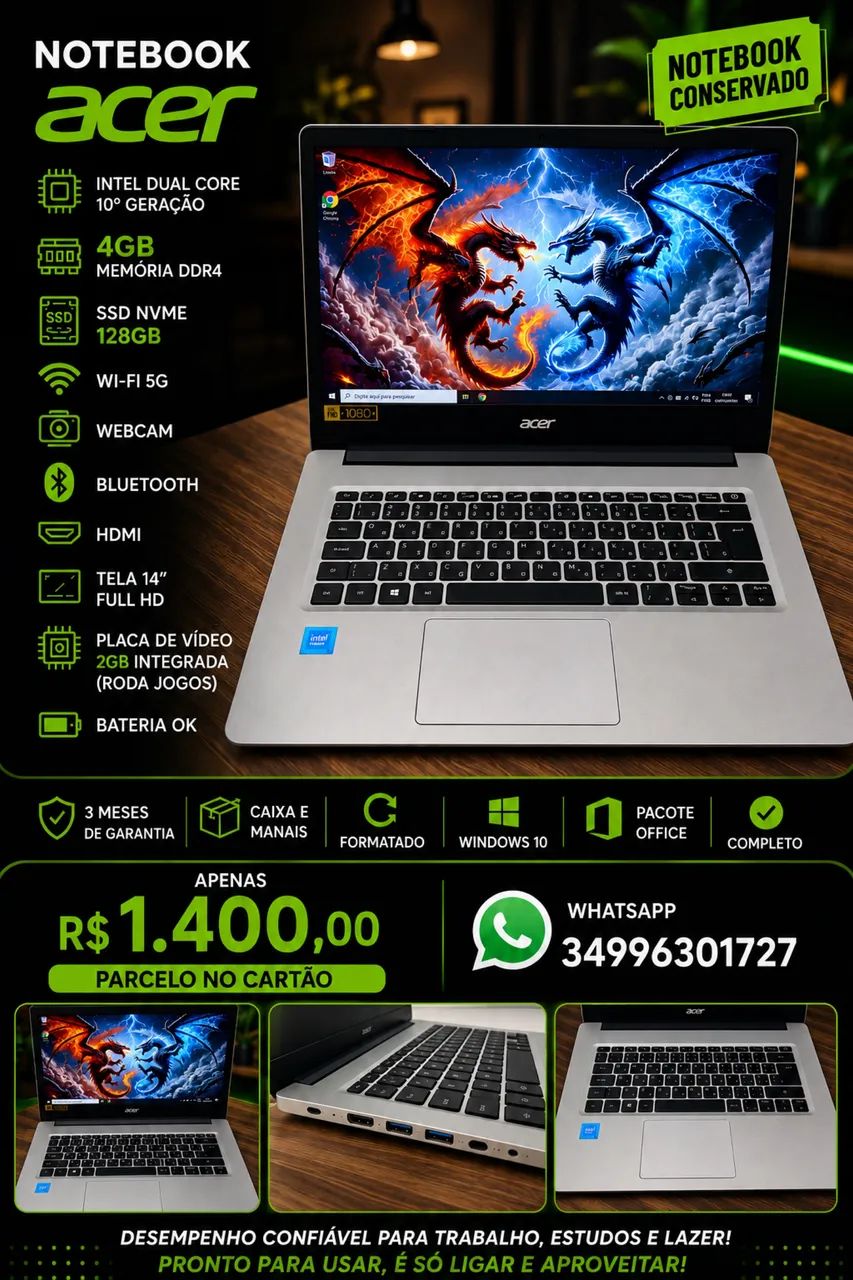 Notebook Acer seminovo completo + Brinde 