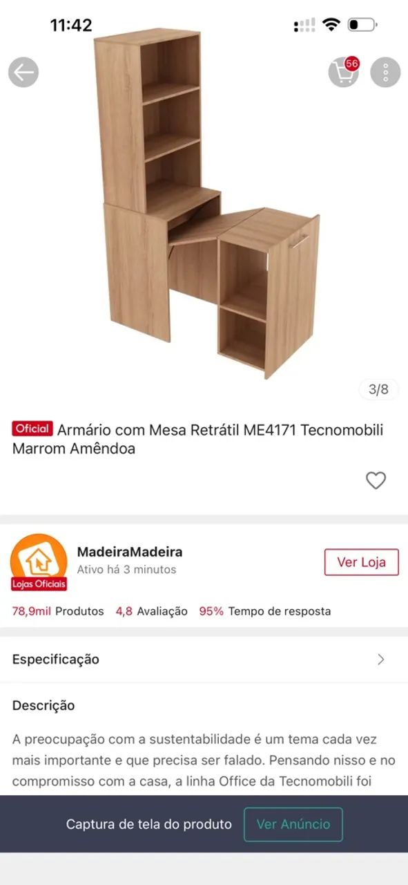 Armário com Mesa Retrátil - Marrom Amêndoa - Foto 3