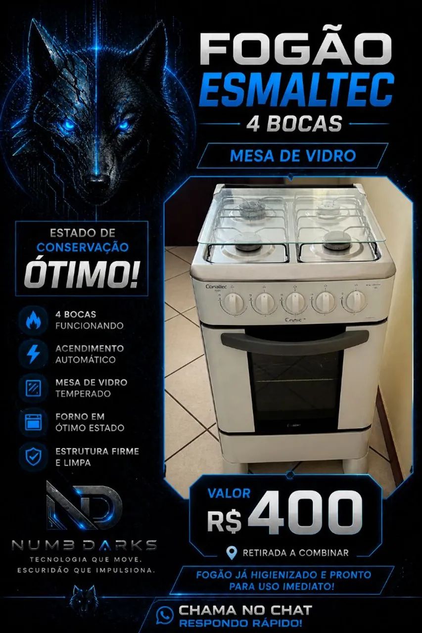 Fogão Esmaltec 4 Bocas com Mesa de Vidro - Conservado e Pronto pra Uso | R$ 400