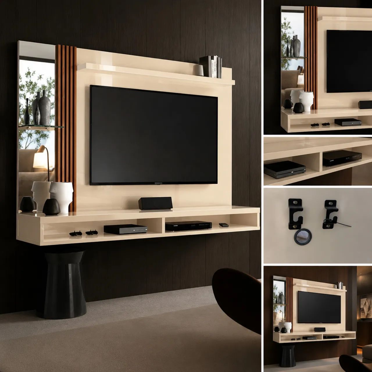 Painel Para Tv Até 55 Polegadas Com Espelho E Lateral Ripada Cor Off White/naturale