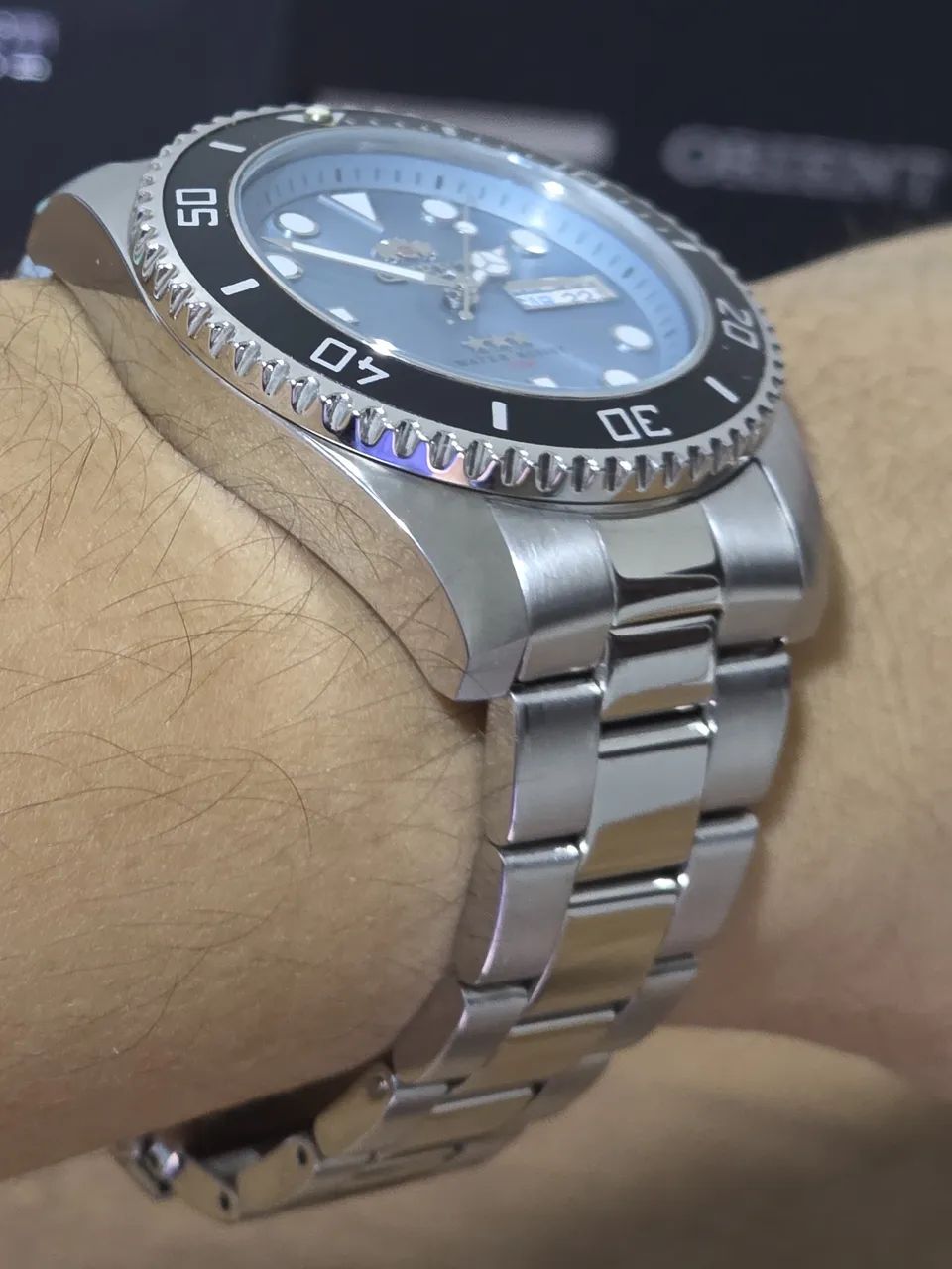Relógio Orient Submariner Automático Azul 42mm Diver 100m Aço Inox