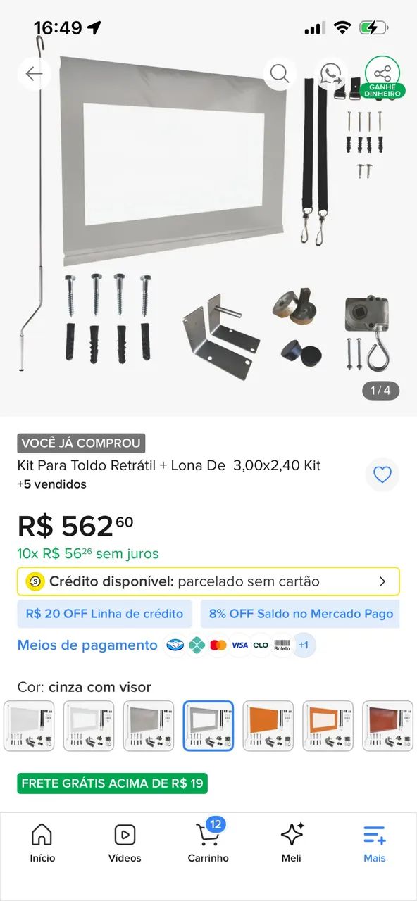 Toldo com kit de lona e ferragens - novo