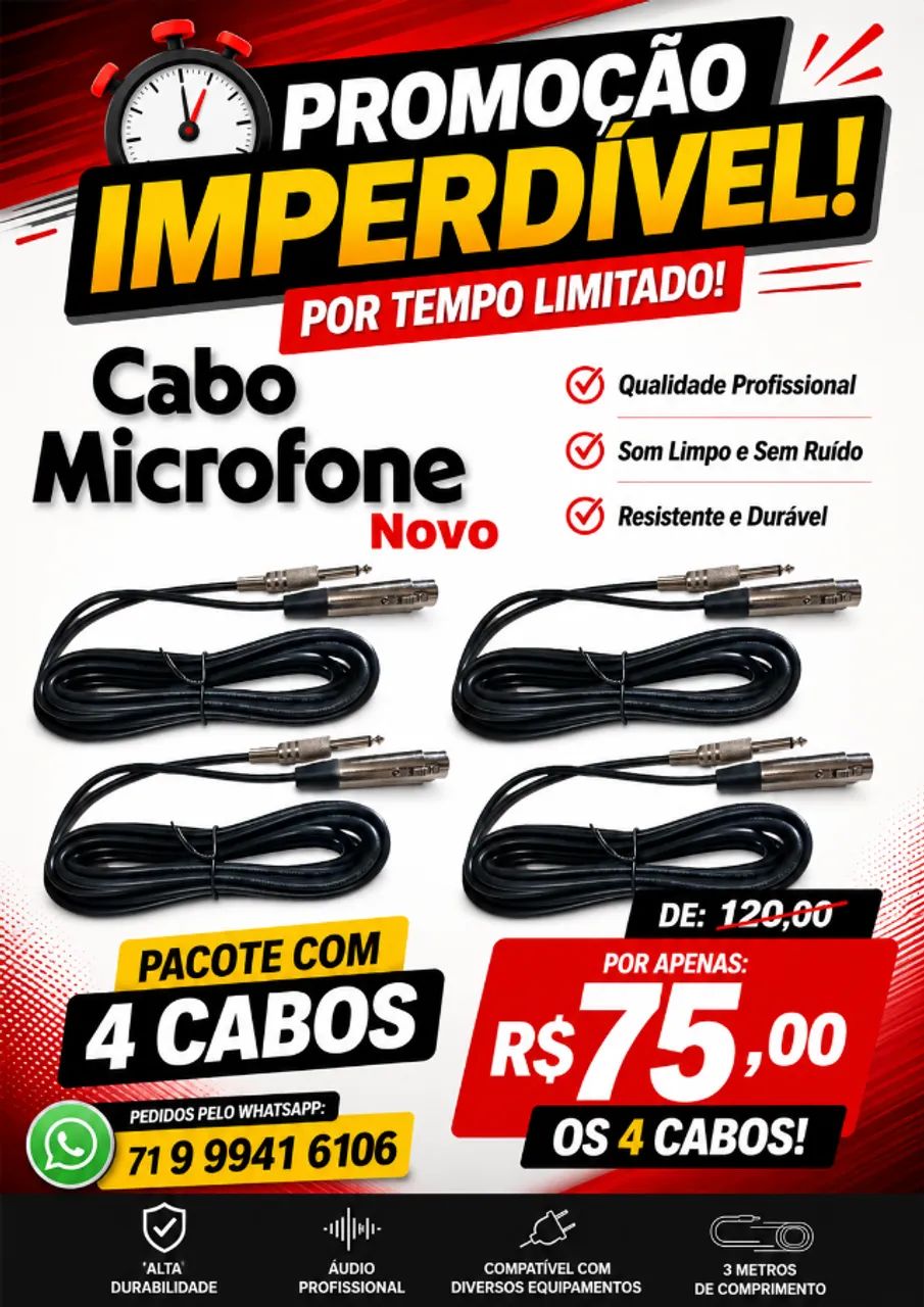 Kit 4 cabos Microfone 3 Mts