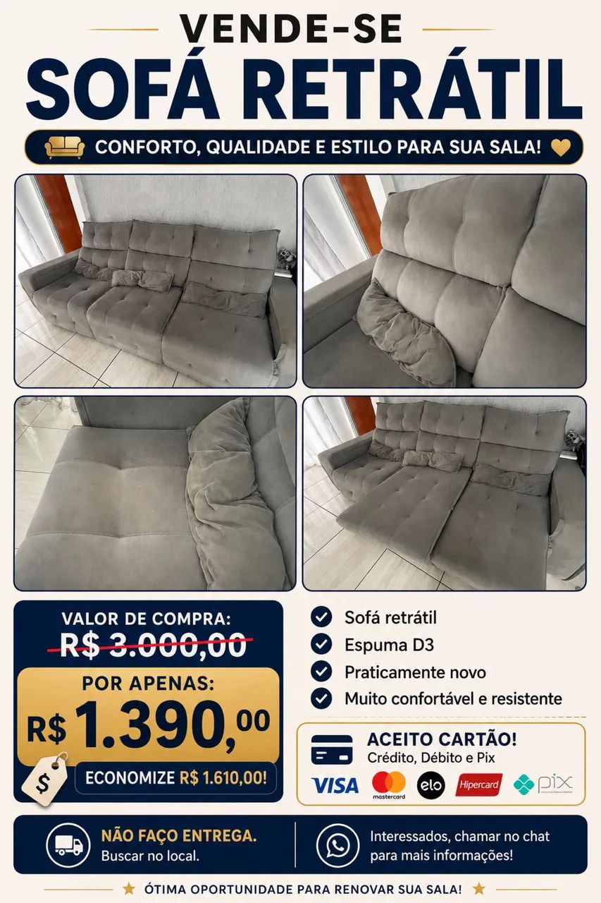 SOFÁ RETRÁTIL 3 lugares, MUITO BEM CONSERVADO. 