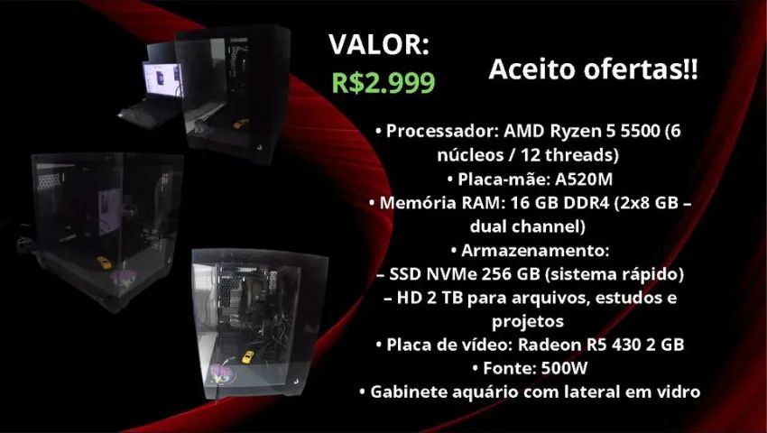 PC Completo Ryzen 5 5500 | 16GB RAM | SSD NVMe + HD 2TB | Pronto para Uso