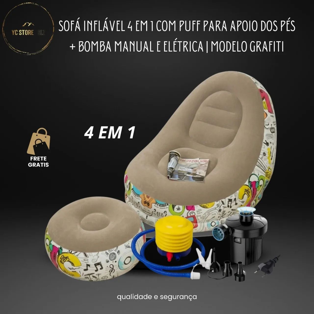 Poltrona Inflável com Puff para Apoio dos Pés + Bomba Manual e Elétrica | Modelo Grafiti