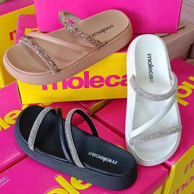 Sandália Feminina Papete Strass Pedrinha Moleca Original - Foto 2