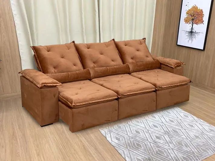 Sofá Retrátil 3 Lugares 270cm Veludo Terracota  - Foto 2
