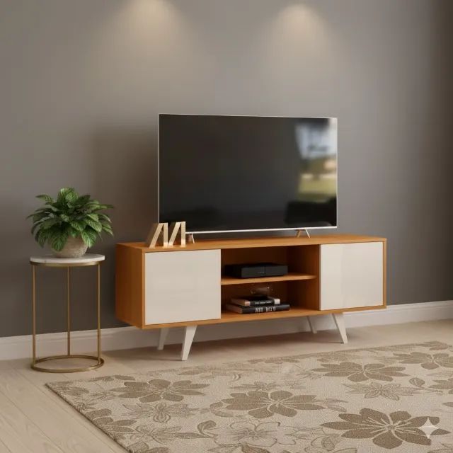 Rack bancada até 55 pol Na cor cinamomo off white 
