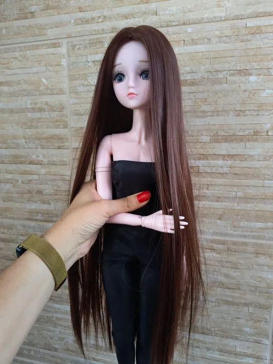 Peruca para boneca BJD ou Pullip castanho escuro lisa