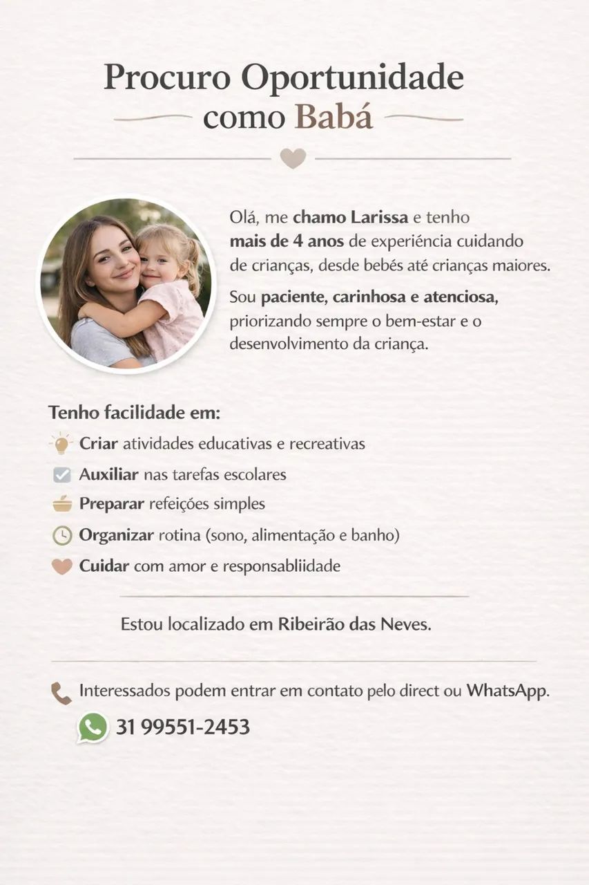 Babá em Ribeirão Das Neves 