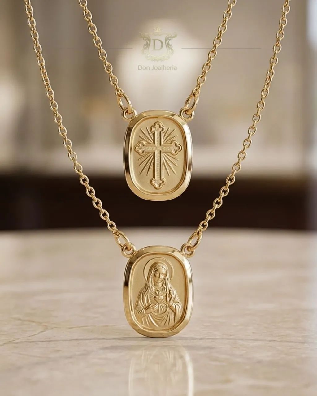 Escapulário Cadeado com Espírito Santo e Nossa Senhora em Ouro 18K 750