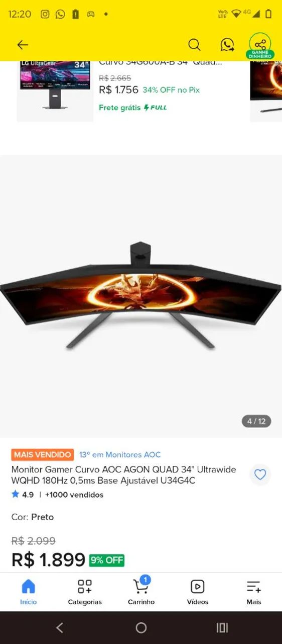 Monitor  curvo AOC gamer 34 polegadas novo na caixa com nota fiscal - Foto 2