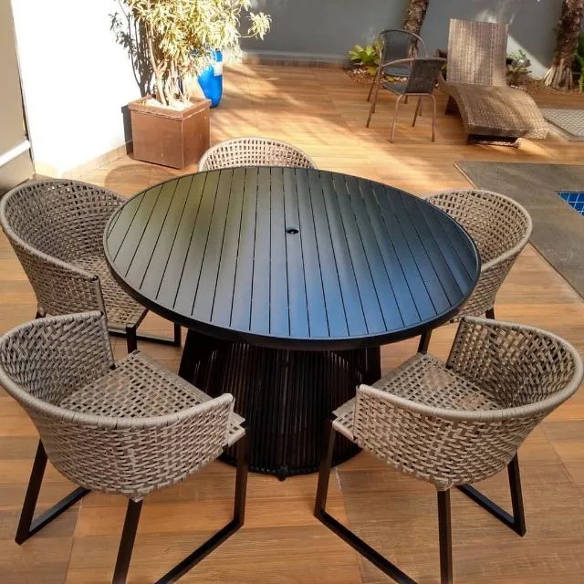 CONJUNTO MESA DE ALUMÍNIO COM 5 CADEIRAS DE CORDA NÁUTICA