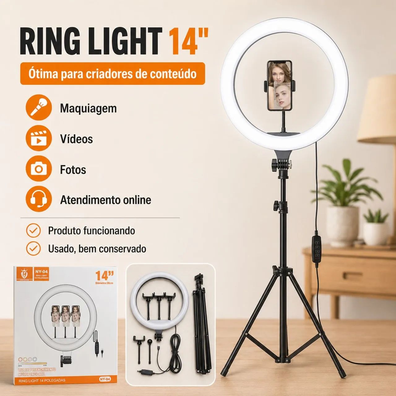 Ring Light 14? NY-04 com Tripé e Suporte para Celular - Completo - Foto 3