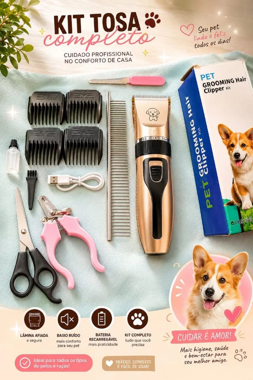 Kit Máquina de Tosa Profissional para Cães e Gatos