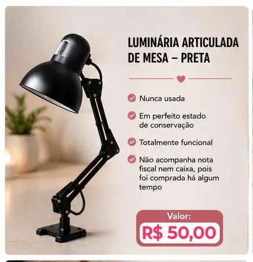 LUMINÁRIA ARTICULADA DE MESA - PRETA