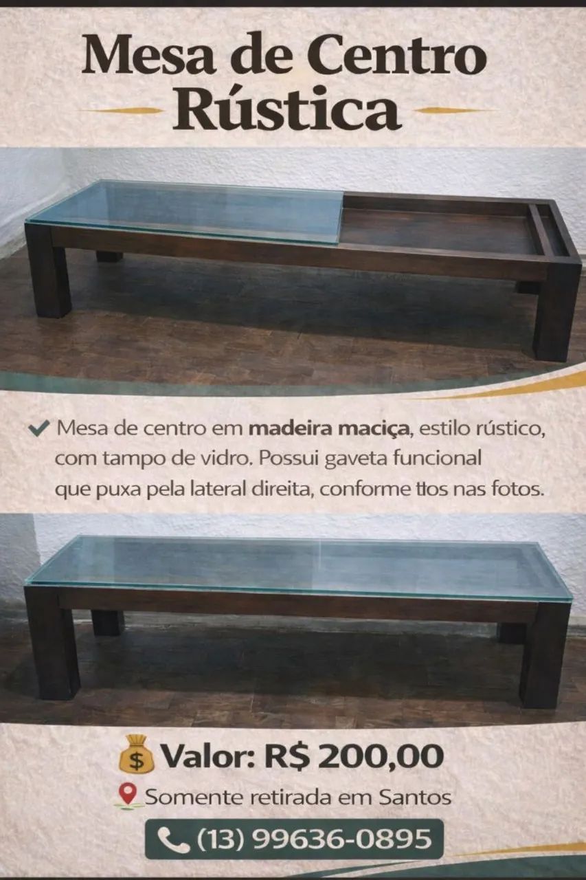 Mesa de centro de madeira vintage com peça de vidro 