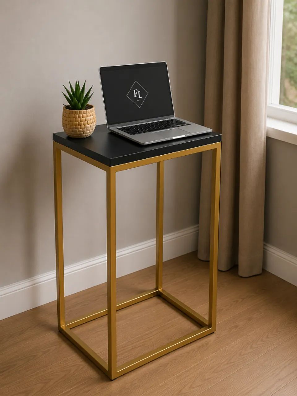 Mesa Lateral Industrial Dourada 60cm Mesa de Canto Moderna Preta - Foto 4