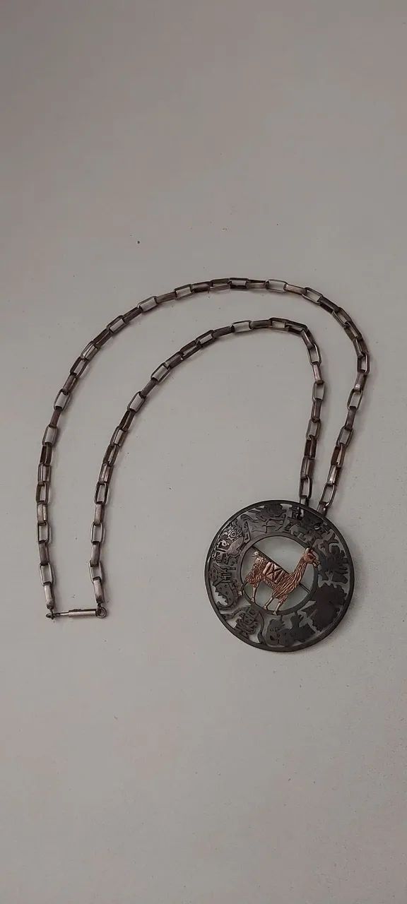 Jóia Peruana Vintage - prata 925 - colar + medalhão/broche  - Foto 3