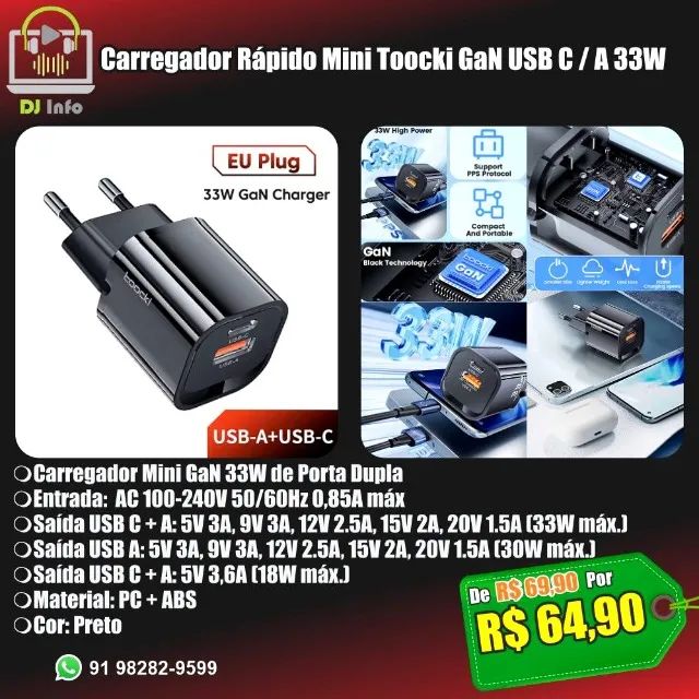 Carregador Rápido Mini Toocki GaN USB C / A 33W