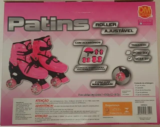 Patins Quad com Acessórios - Ajustável - 34 a 37 - M - Rosa - DM Radical - de 350 por 125!