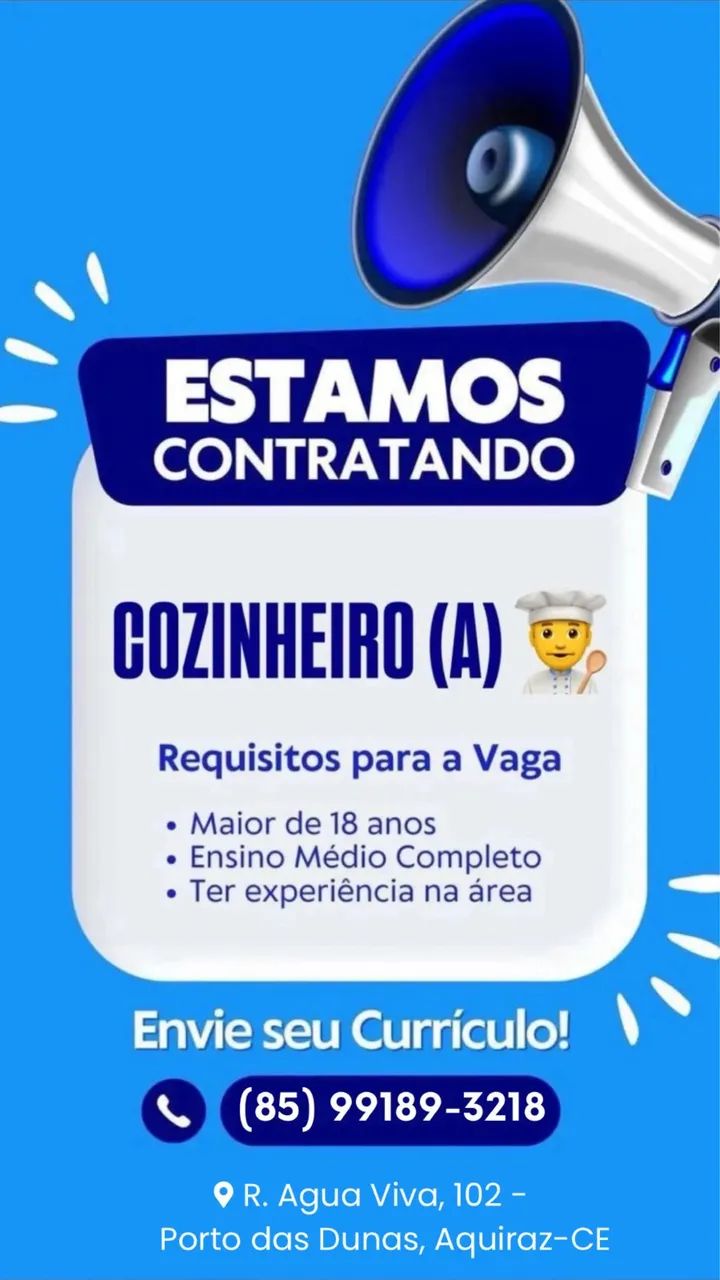 Vaga de cozinheiro no restaurante italia beach