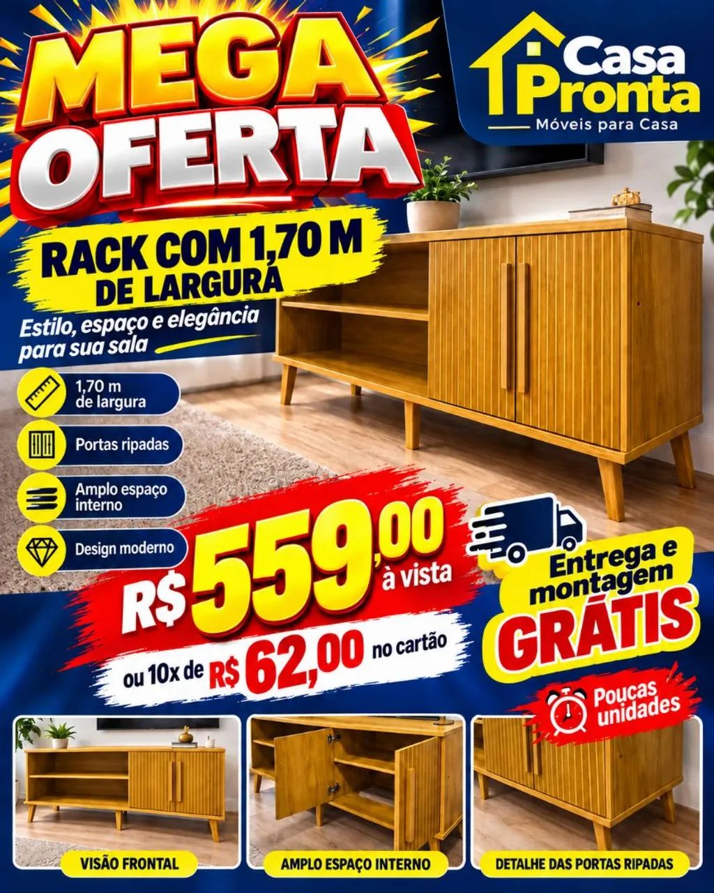 RACK MODERNO COM PORTAS RIPADAS