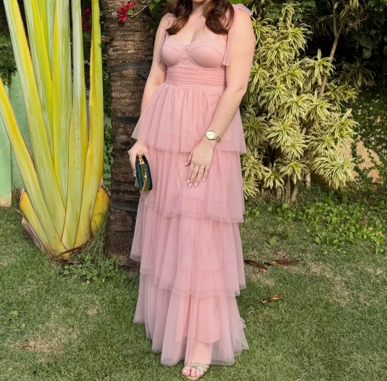 Vestido Longo Camadas Tulle Rosa