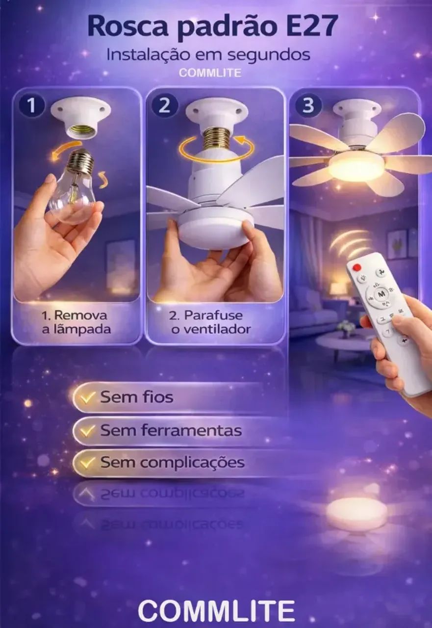 Lâmpada Ventilador de Teto com controle remoto Bivolt tipo Bocal