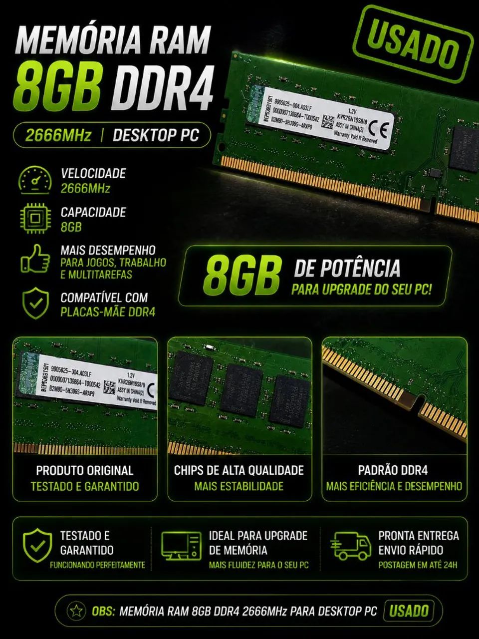 MEMÓRIA RAM DDR4 DE 8GB E 16GB PC (USADO) - Foto 2
