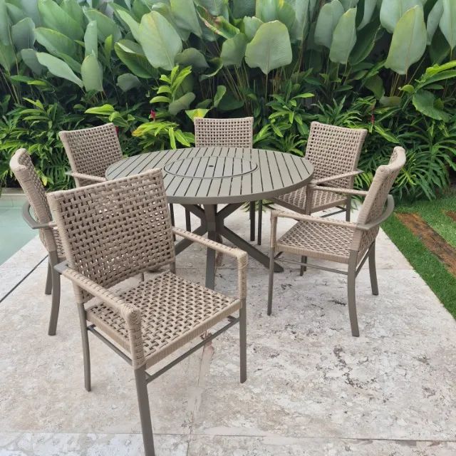 CONJUNTO MESA DE ALUMINIO COM 6 CADEIRAS DE CORDA NÁUTICA 