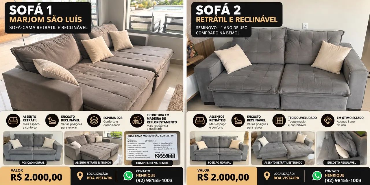 2 SOFÁS RETRÁTEIS E RECLINÁVEIS - SEMINOVOS