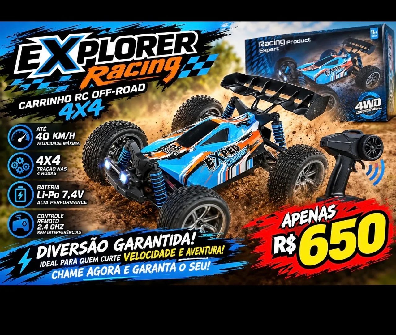 Carrinho RC Explorer 4x4 Off-Road! Diversão garantida com até 40