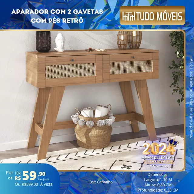 APARADOR DECORATIVO COM 2 GAVETAS PÉS RETRÔ