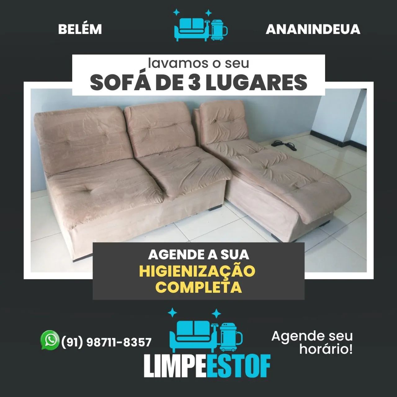 Higienização de Sofá de 3 Lugares - Limpeza Completa