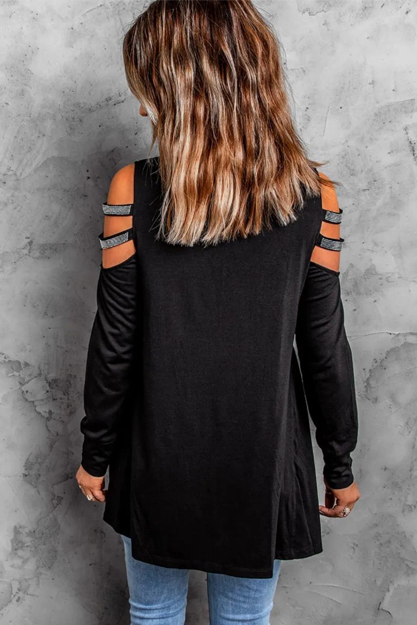 Blusa manga comprida preta com detalhes em sequin NOVA - Foto 2