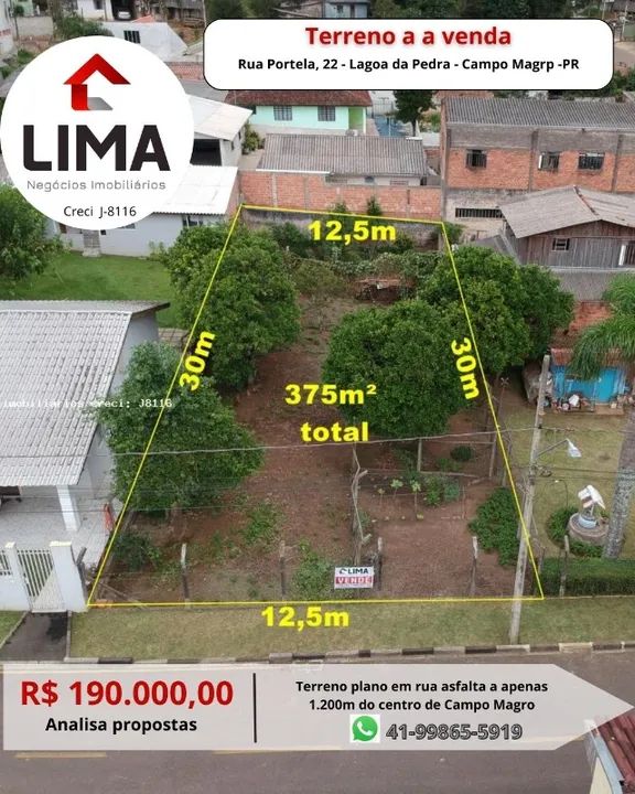 Terreno 375m para Venda, Lagoa Pedra  Campo Magro / PR 2km do centro